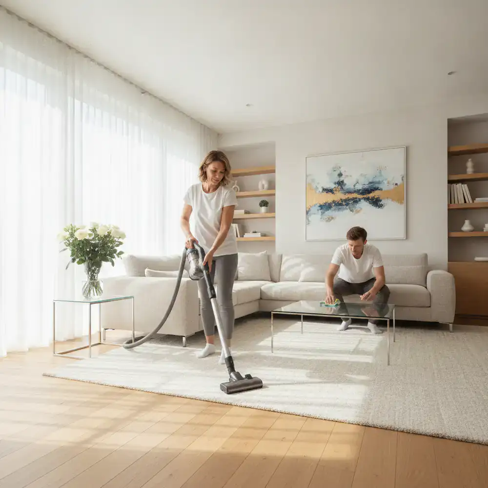 Routine house cleaning in a bright living room